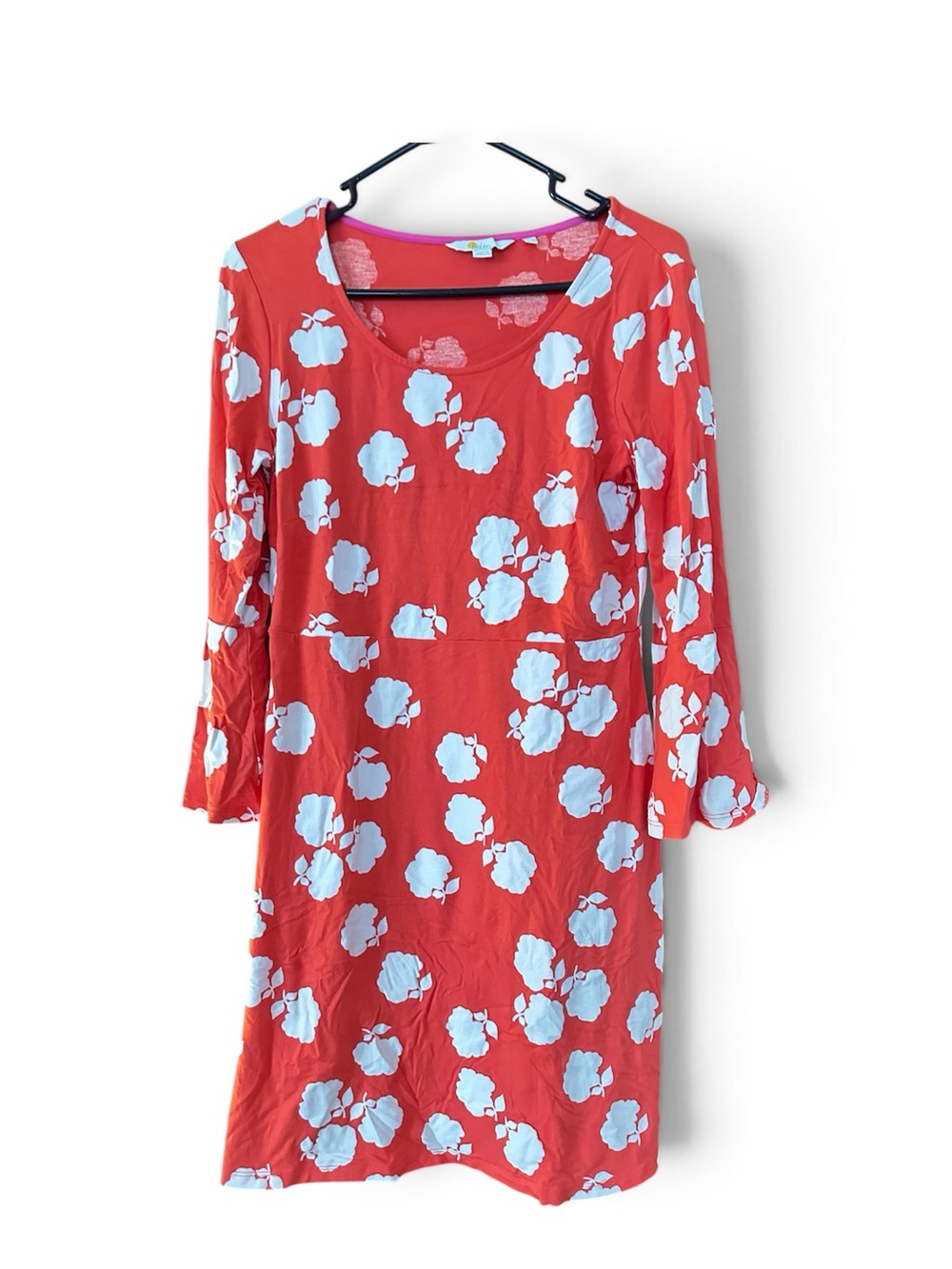 Boden red floral dress with bell sleeves